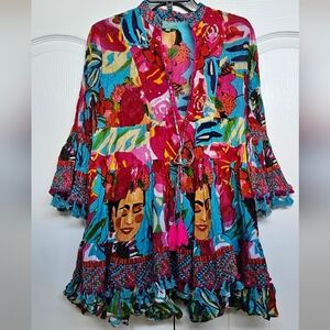 Antica Sartoria Frida Kahlo Dress Shirt Flowers Colorful 100% Cotton One Size